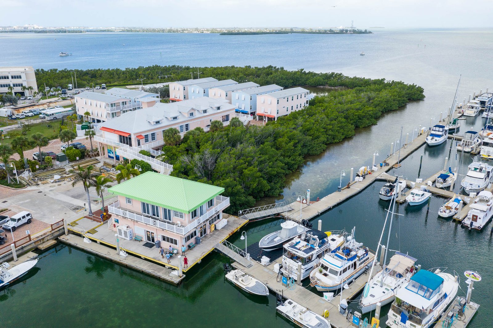 Aerial view of the Sunset Marina store, fuel dock, docks, and boats