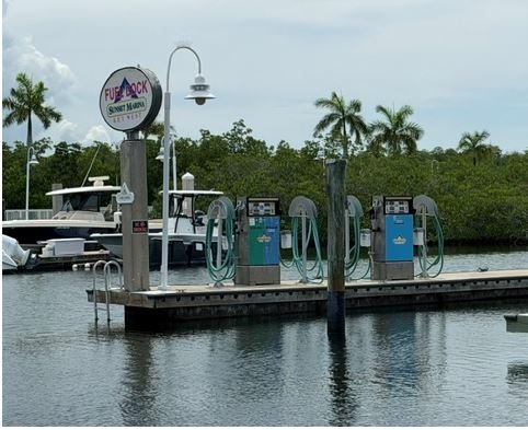 Fuel pumps on the floating dock at Sunset Marina
