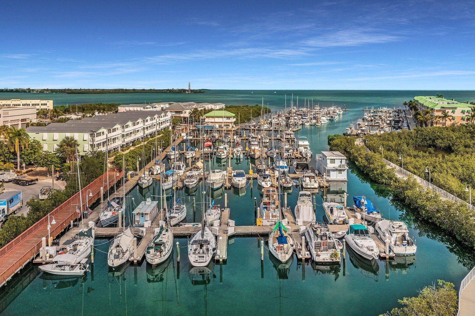 Floating docks and boats inside the Sunset Marina basin