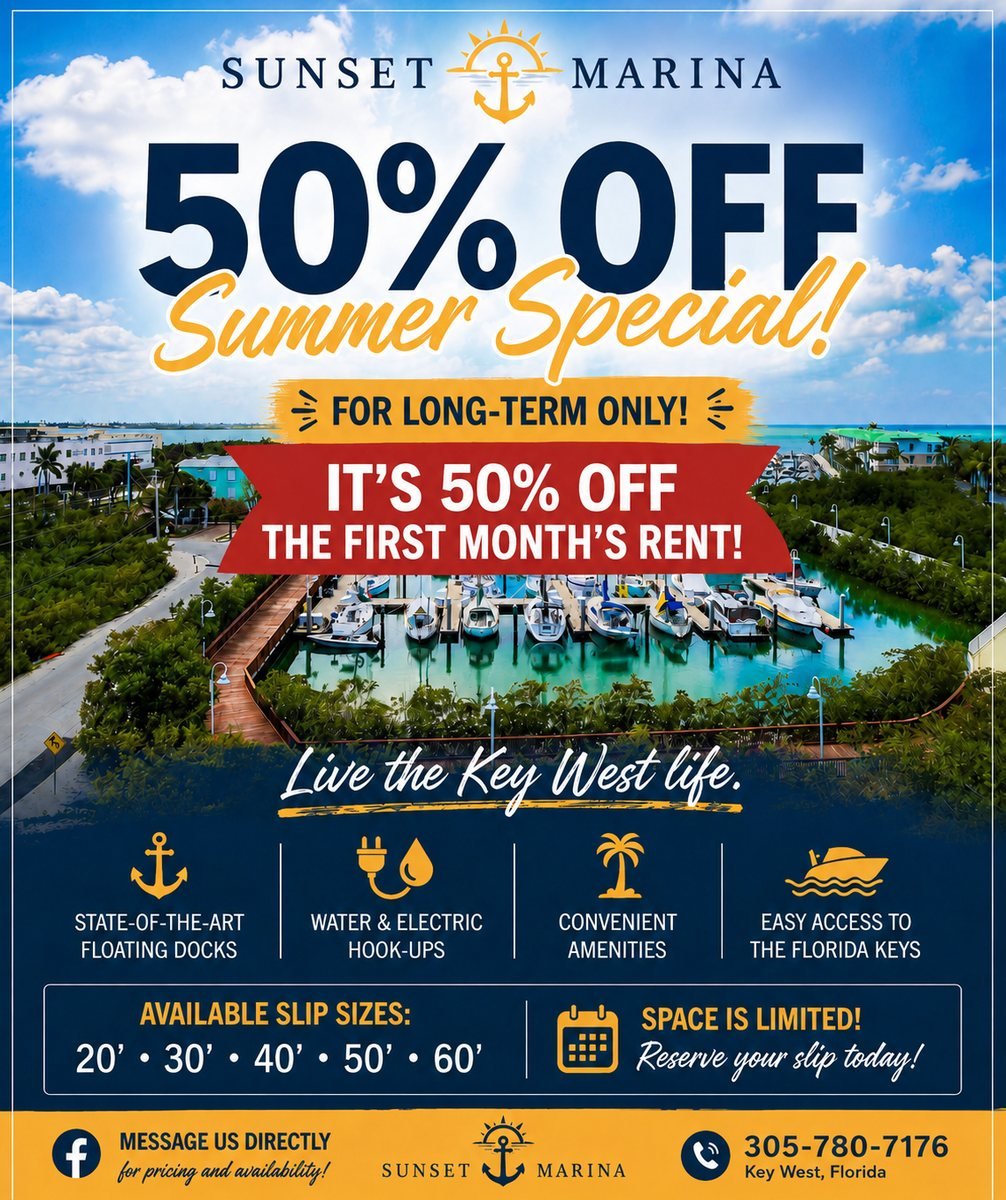 Sunset Marina 2026 summer special: 50% off the first month's rent for long-term slips